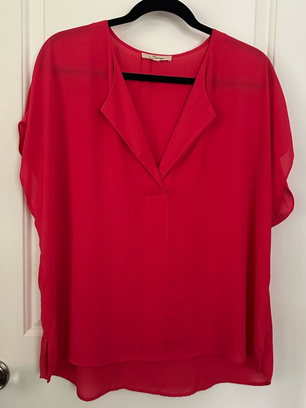 Lightweight Red Pink Blouse V Neck Hi Low Flowy Top L XL Serafina